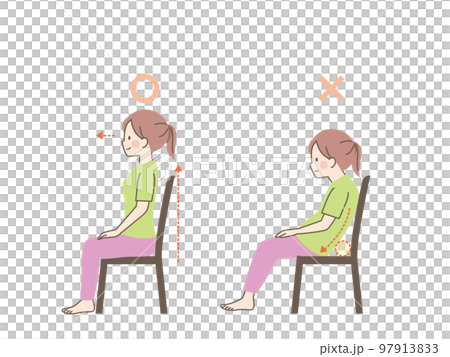 椅子に座る女性の良い姿勢と悪い姿勢の比較 97913833