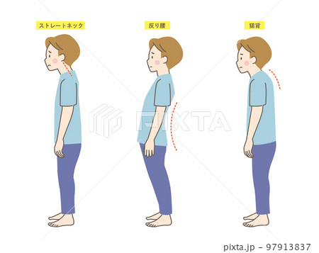 男性の良い姿勢と悪い姿勢の見本 97913837