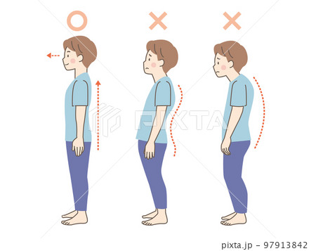 男性の良い姿勢と悪い姿勢の見本 97913842