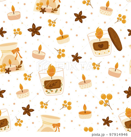 Cozy aroma candle season seamless pattern with cinnamon, berries and leaves 97914946