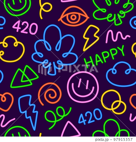 Neon Lights 420 Cartoon Doodle Weed Seamless...のイラスト素材