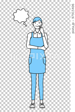 顔をかきながら考えるエプロンを着たシニア女性 97915406