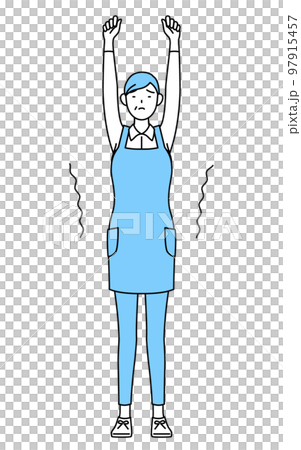Senior woman wearing an apron stretching by stretching Senior woman wearing an apron stretching by stretching 97915457