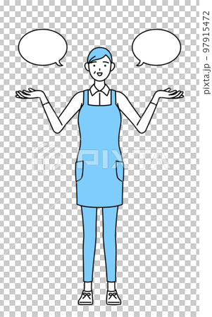 一位穿著帶氣球的圍裙並進行比較的高級女性 97915472