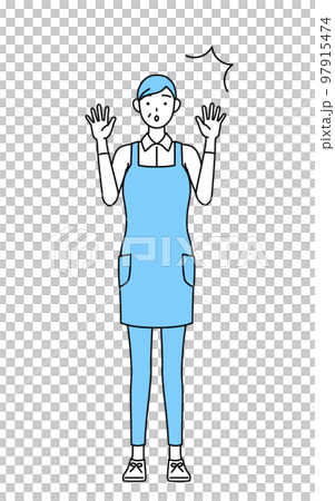 一位圍裙的高級女性驚訝地舉起手 一位圍裙的高級女性驚訝地舉起手 97915474