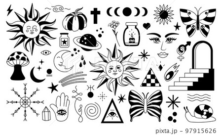 Magic background in retro style with hand drawn elements. Decorative mystical vector isolated pattern. editable stroke stickers. Esoteric element in minimalism. Collection of occult symbols tattoo art 97915626