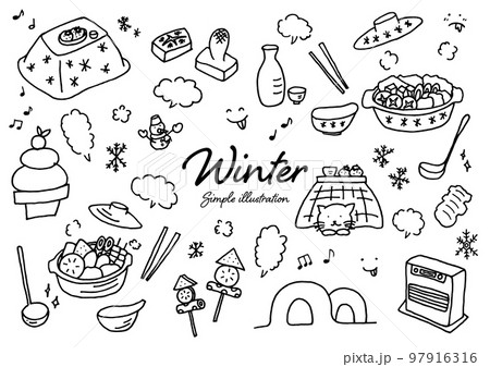 ラフな手描きの冬のイラストセット 97916316