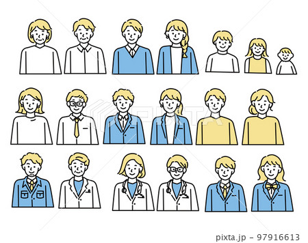 人物イラスト(夫婦、シニア世代、子供、高校生、医者、作業員、ビジネス、仕事、老若男女) 人物イラスト(夫婦、シニア世代、子供、高校生、医者、作業員、ビジネス、仕事、老若男女) 97916613