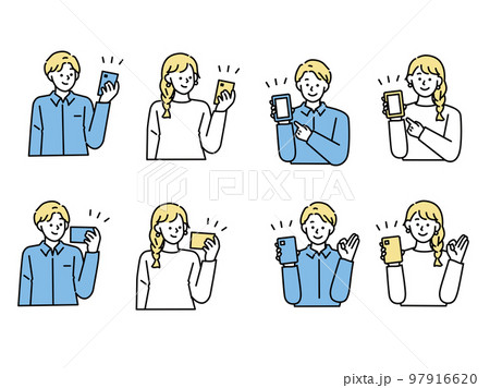 スマートフォンを持った男女のイラスト(スマホ、SNS、ソーシャル、キャッシュレス、ネットワーク) 97916620