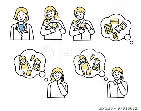 子育てのイラスト(妊娠、出産、教育、産休、育休、赤ちゃん、健康、仕事、お金、医者、病院) 子育てのイラスト(妊娠、出産、教育、産休、育休、赤ちゃん、健康、仕事、お金、医者、病院) 97916622