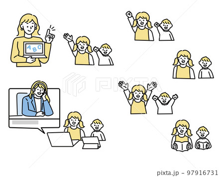 子供のオンライン授業イラスト(習い事、塾、勉強、通信、英会話、講習、自宅学習、コミュニケーション) 子供のオンライン授業イラスト(習い事、塾、勉強、通信、英会話、講習、自宅学習、コミュニケーション) 97916731