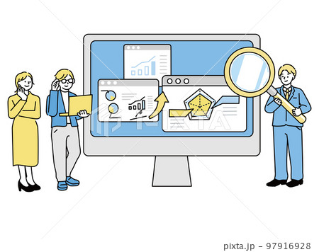 プレゼン、ミーティング資料に使えるビジネスシーンイラスト(説明、マーケティング、打ち合わせ) 97916928