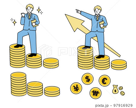 貯蓄、お金を貯める時のイラスト(貯金、マイホーム、ローン、支払い、独身、家族、節約、お金、副業、積立 97916929