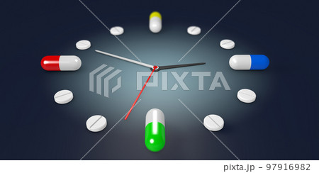 Clock watch, consisting of capsules and pills, indicating at what time different medicines should be taken - 3d illustration 97916982
