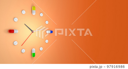 Clock watch, consisting of capsules and pills, indicating at what time different medicines should be taken - 3d illustration 97916986