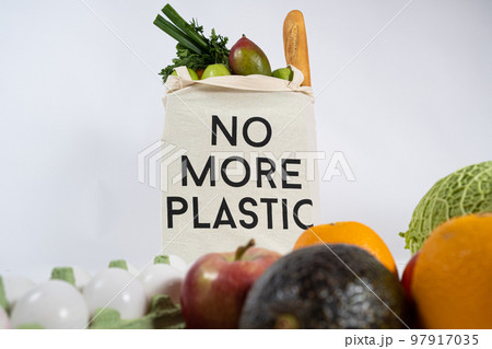 Reusable fabric shopping bag with text no more plastic, eco concept. 97917035