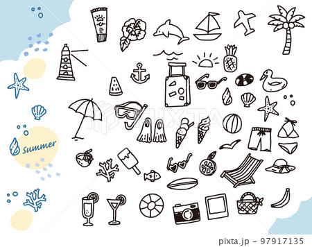 白黒、モノトーン、線画のイラスト:手書き、オシャレ、雑誌、ファッション、可愛い、夏、ビーチ 97917135