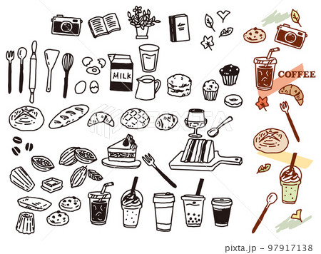白黒、モノトーン、線画のイラスト(手書き、オシャレ、雑誌、ファッション、カフェ、パン屋)  97917138