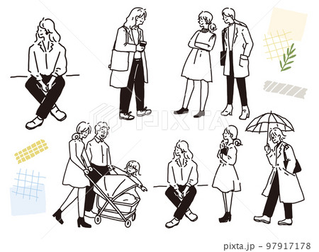 白黒、モノトーン、線画のイラスト(手書き、オシャレ、雑誌、ファッション、可愛い、人物、女の子) 97917178