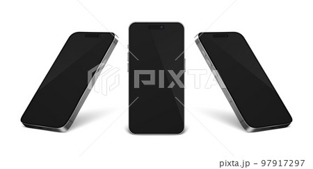 Vector 3d Realistic Gray Silver Chrome Modern Smartphone Design Template Set Closeup Isolated on White Background. Mobile Phone Mockup. Telephone Device UI UX, Phone in Front, Half Turn View 97917297