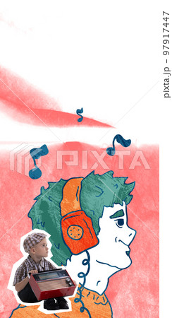 Contemporary art collage with little cute boy listening to music over drawn portrait of young man. Concept of inner child, childhood and dreams. Contemporary art collage with little cute boy listening to music over drawn portrait of young man. Concept of inner child, childhood and dreams. 97917447