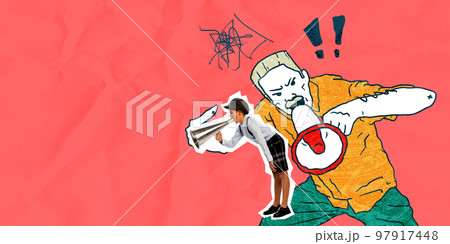 Creative art collage with little kid shouting at megaphone over drawn portrait of man. Concept of inner child, childhood and dreams. News, sales Creative art collage with little kid shouting at megaphone over drawn portrait of man. Concept of inner child, childhood and dreams. News, sales 97917448