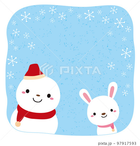 雪だるまとうさぎの冬バナー/水色 正方形/文字なしのイラスト素材