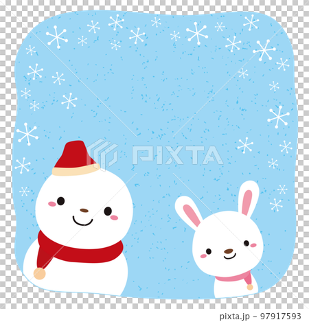 雪だるまとうさぎメモ　未使用 雪だるまとうさぎの冬バナー/水色 正方形/文字なしのイラスト素材