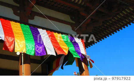 西新井大師（東京都足立区）の五色幕と青空の風景 97917922