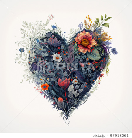 Floral heart. Heart of flowers. Wedding card. Love symbol on white background. Valentine poster 97918061