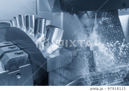 Abstract scene the 5-axis machining center cutting the turbine blade parts with solid ball end mill tool. Abstract scene the 5-axis machining center cutting the turbine blade parts with solid ball end mill tool. 97918115