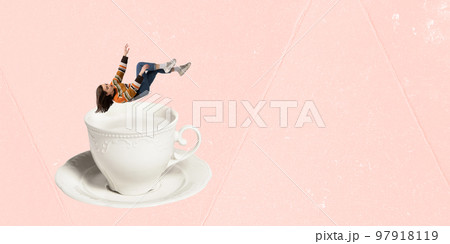 Contemporary art collage. Creative design. Young woman in cozy sweater falling into cup with hot milk over pink background Contemporary art collage. Creative design. Young woman in cozy sweater falling into cup with hot milk over pink background 97918119