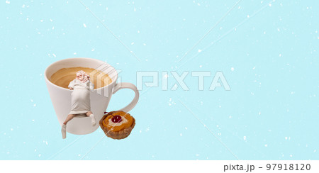 Contemporary art collage. Creative design. Young woman in bathrobe climbing into cup with coffee, espresso. Caffeine energy Contemporary art collage. Creative design. Young woman in bathrobe climbing into cup with coffee, espresso. Caffeine energy 97918120