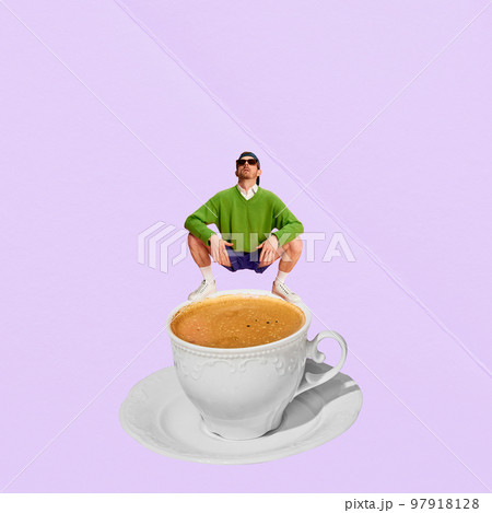Contemporary art collage. Creative design. Young stylish man sitting on cup with delicious coffee, espresso. Coffee break 97918128