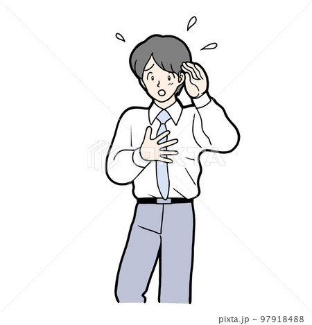 補聴器をつけているが聞き取れなくて困っている男性 97918488