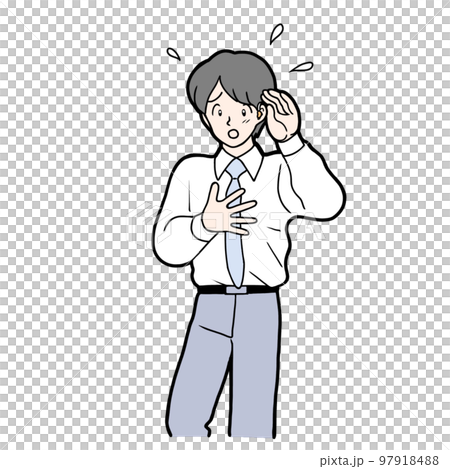 補聴器をつけているが聞き取れなくて困っている男性 97918488