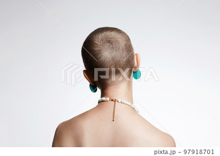 beautiful woman with short haircut. Back of naked bald Girl beautiful woman with short haircut. Back of naked bald Girl 97918701