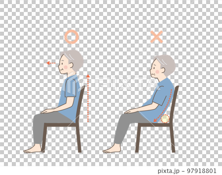 椅子に座るシニア男性の良い姿勢と悪い姿勢の比較 97918801