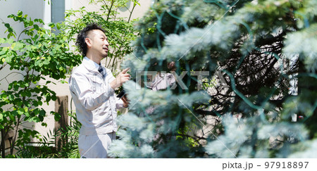 植栽について相談する主婦 97918897