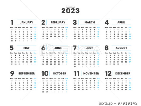 2023年のシンプルな年間カレンダー - 月曜始まり・12ヶ月・1年分の暦 - A4比率のイラスト素材 [97919145] - PIXTA