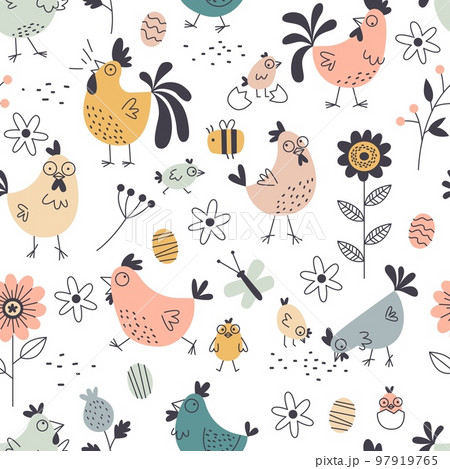 Easter chicken-03. Funny cute chickens on white background. seamless  pattern. easter vector illustration. design element for | CanStock