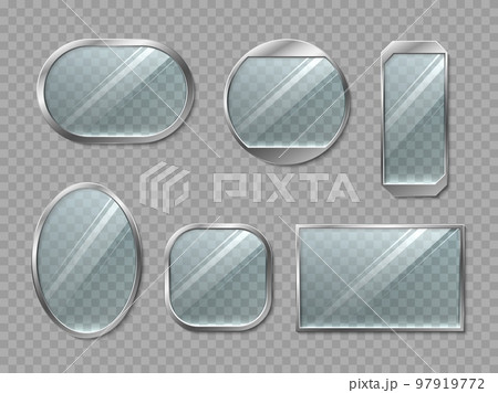 Realistic framed glass banners. Transparent empty glasses of various shapes in metal frames, gloss wall mounted decor, round and square, reflective glasses, 3d isolated elements, utter vector set Realistic framed glass banners. Transparent empty glasses of various shapes in metal frames, gloss wall mounted decor, round and square, reflective glasses, 3d isolated elements, utter vector set 97919772