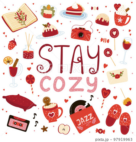 Collection of stay cozy indoor activity, concept of winter comfort and coziness Collection of stay cozy indoor activity, concept of winter comfort and coziness 97919963