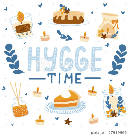 Hygge time collection, concept of winter comfort and coziness with candles and pastry 97919966