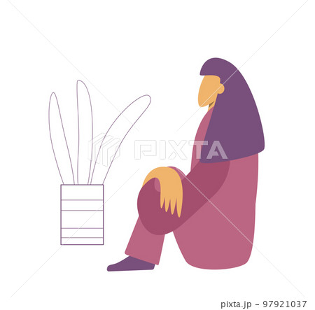 muslim woman sitting near plant and sad about her life. Plant with big leaves. Concept hard life east women. Flat vector illustration isolated on white background muslim woman sitting near plant and sad about her life. Plant with big leaves. Concept hard life east women. Flat vector illustration isolated on white background 97921037
