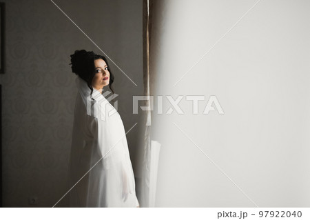 Beautiful bride wearing fashion wedding dress with feathers with luxury delight make-up and hairstyle, studio indoor photo shoot Beautiful bride wearing fashion wedding dress with feathers with luxury delight make-up and hairstyle, studio indoor photo shoot 97922040