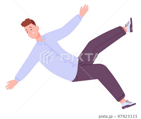 Scared young man falling down. Injury hazard Scared young man falling down. Injury hazard 97923115