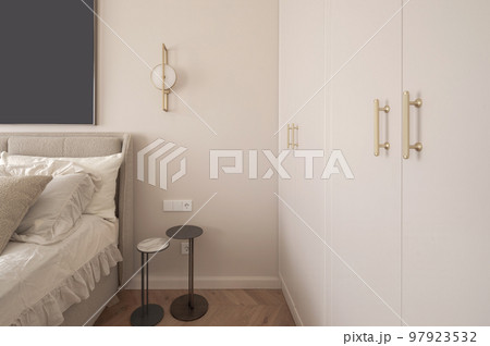 Modern minimalist aesthetic bedroom interior design in warm shades 97923532