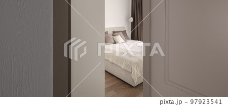 Modern minimalistic bedroom interior design in brown and white shades Modern minimalistic bedroom interior design in brown and white shades 97923541