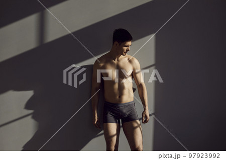 Toned naked man in underwear posing indoors Toned naked man in underwear posing indoors 97923992